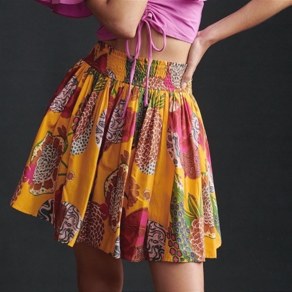 Anthropologie Let Me Be‎ Mini Skirt Yellow Boho Floral Smocked Waist M